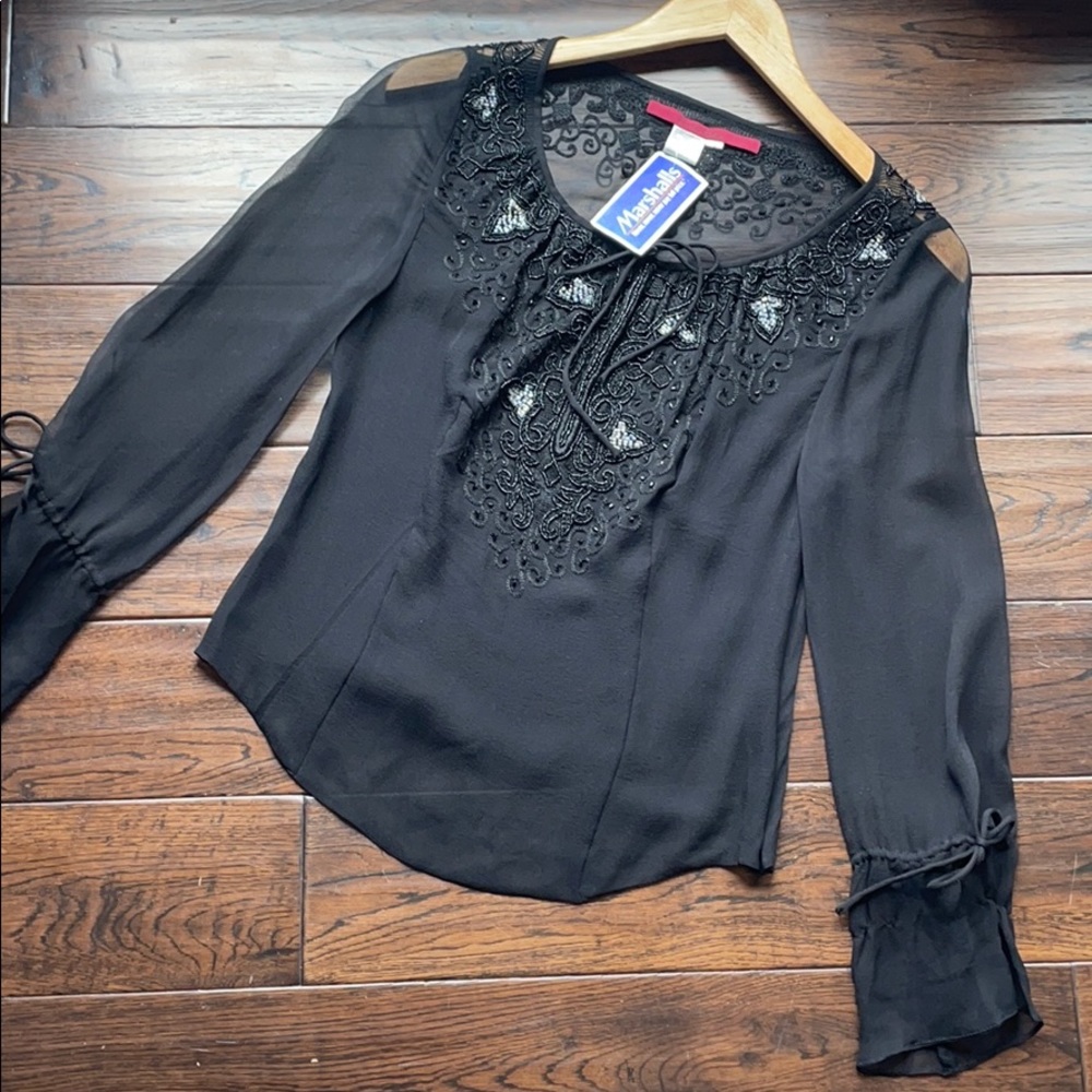 NWT Emma Black black silk top sheer embroidered